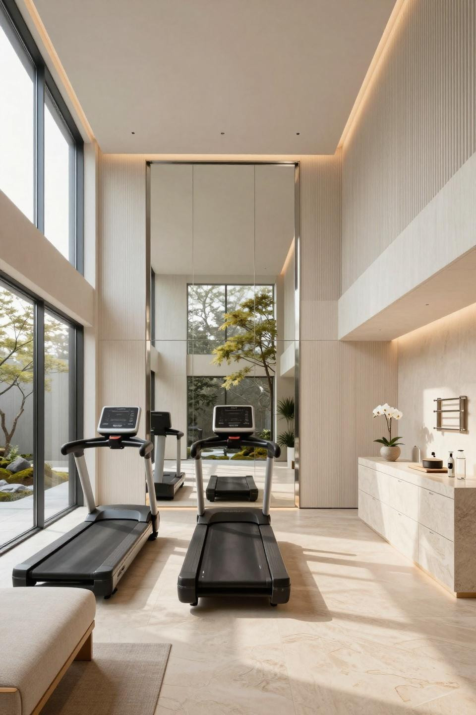 House gym ideas small spaces featuring futurist avant-garde with zen garden views