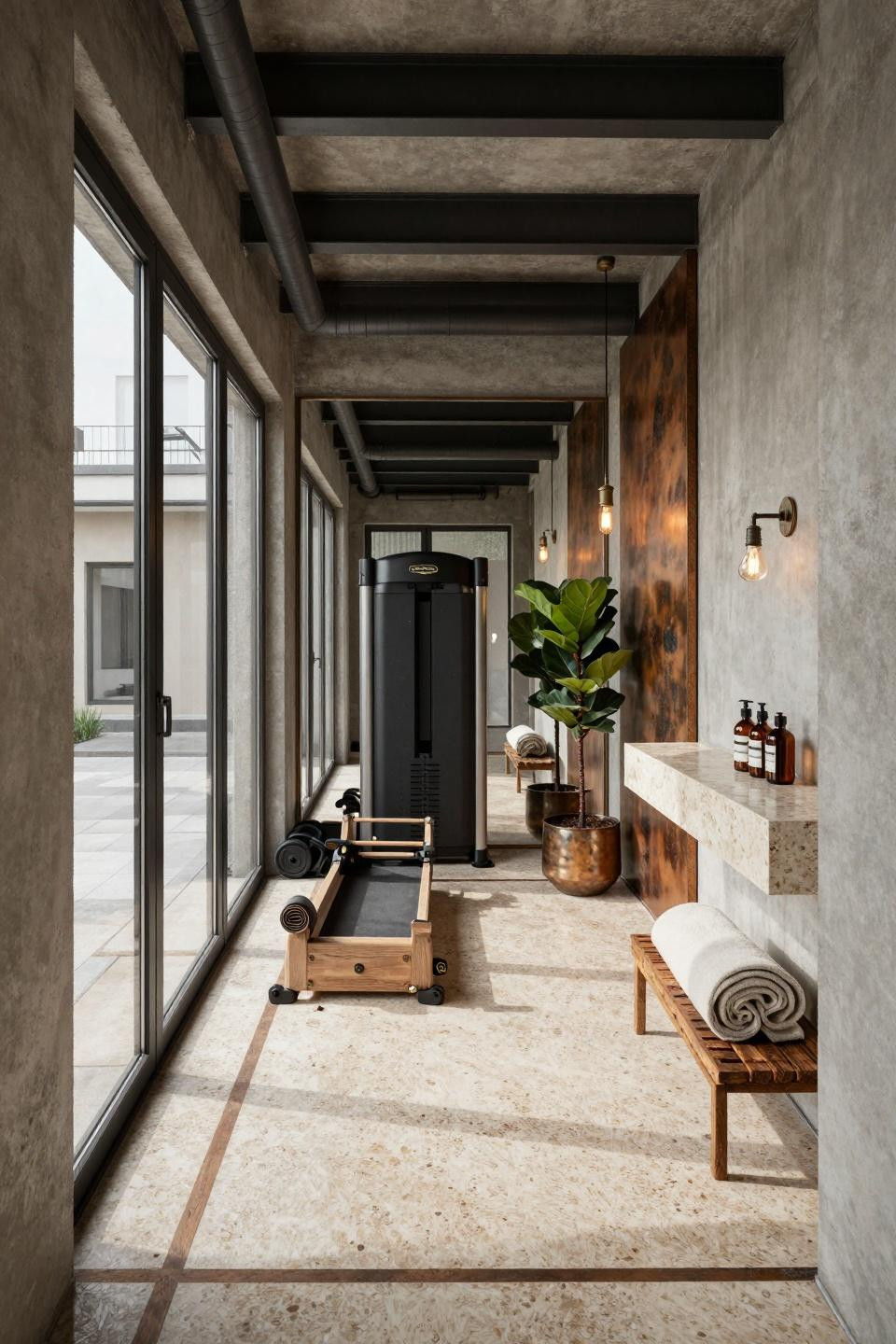 House gym ideas small spaces featuring travertine floors and aged bronze mirrors