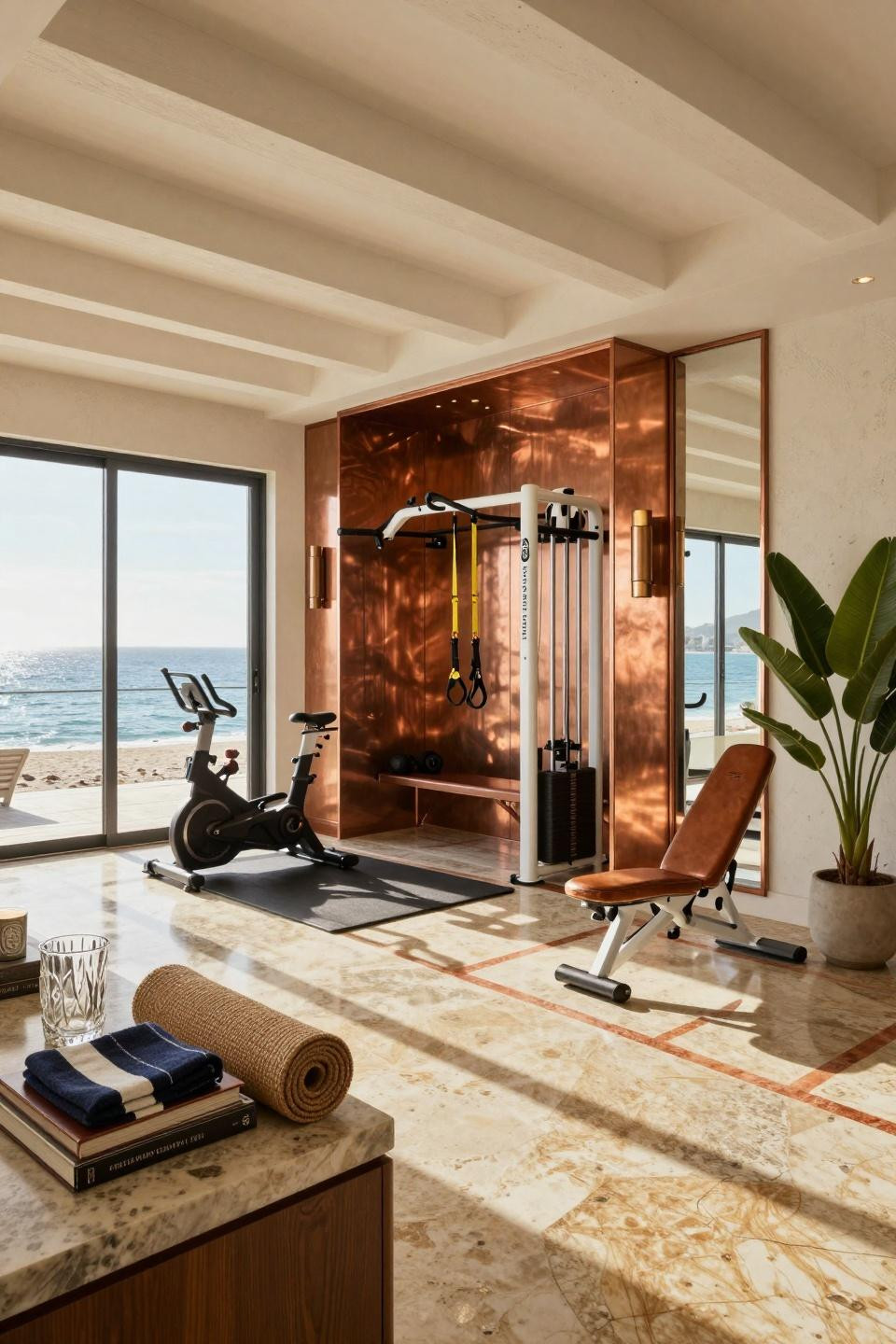 House gym ideas small spaces featuring coastal chic with Art Deco copper accents