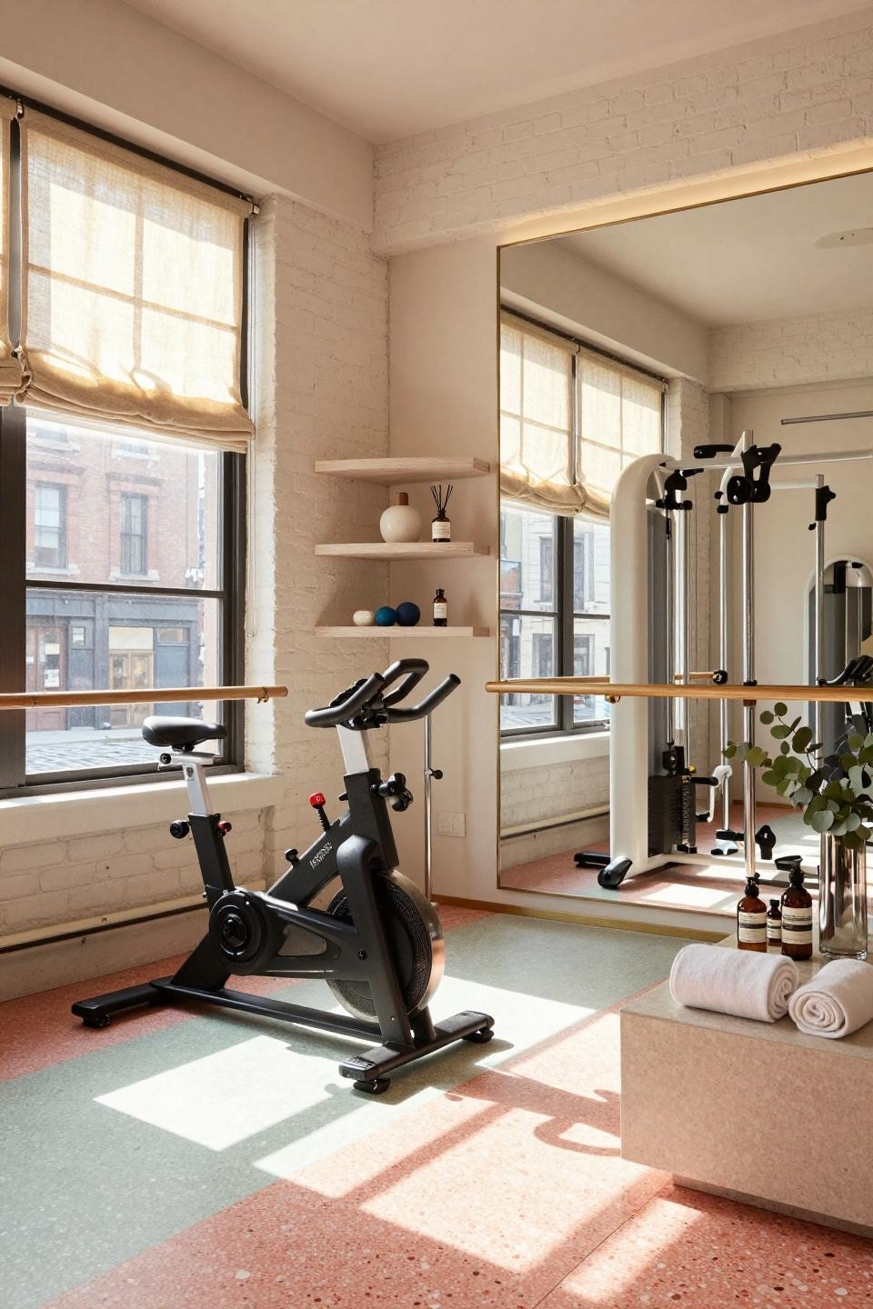 House gym ideas small spaces featuring industrial steel windows and coastal palette