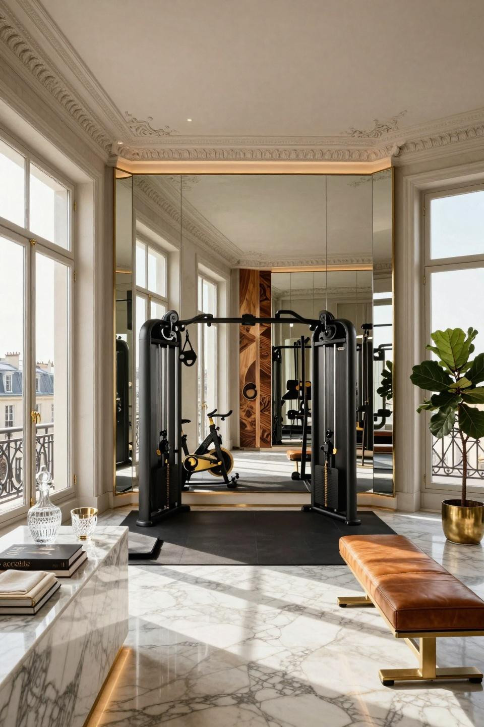 House gym ideas small spaces in Haussmann apartment with bespoke Technogym equipment