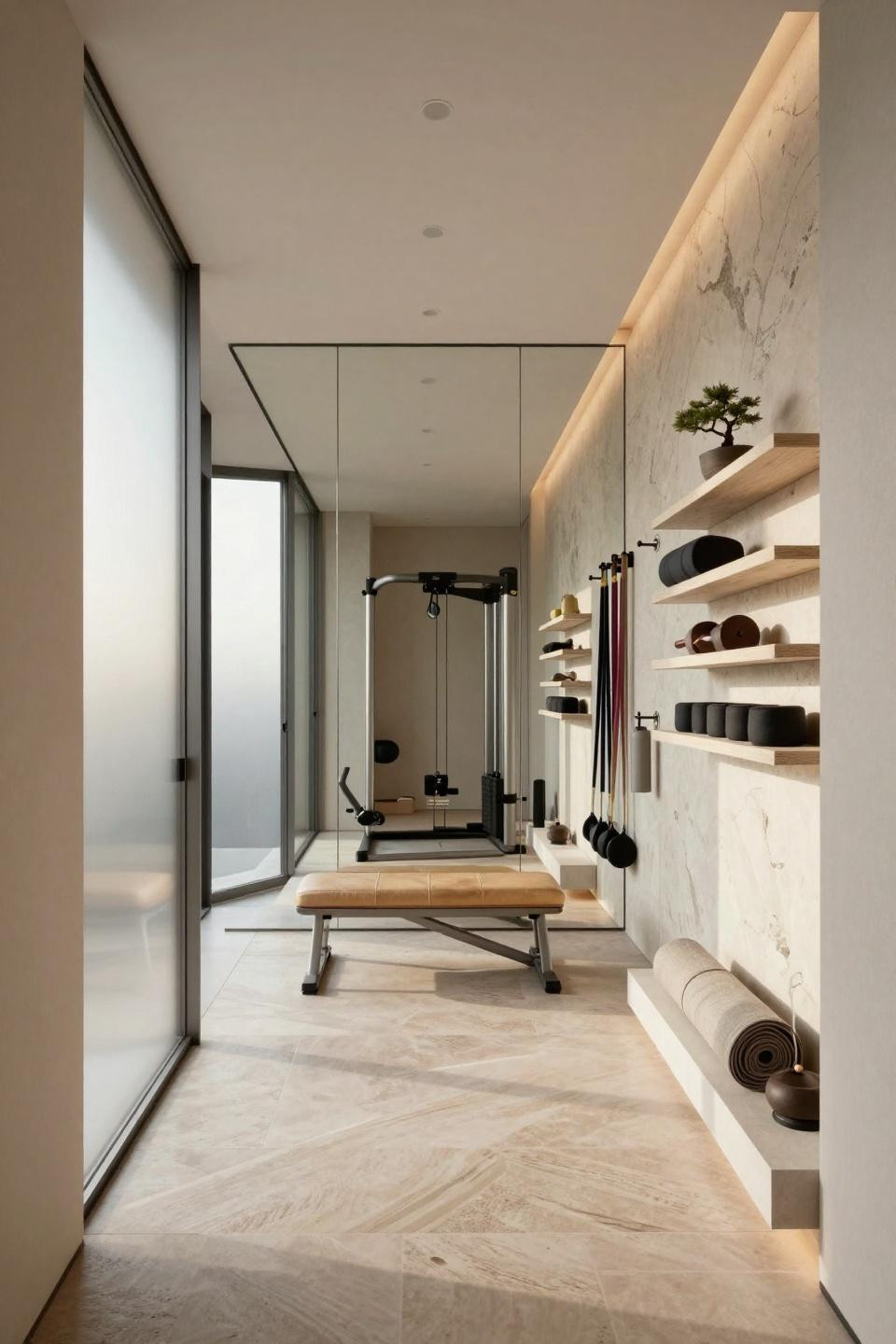 House gym ideas small spaces in Tokyo featuring modern minimalist design with French limestone