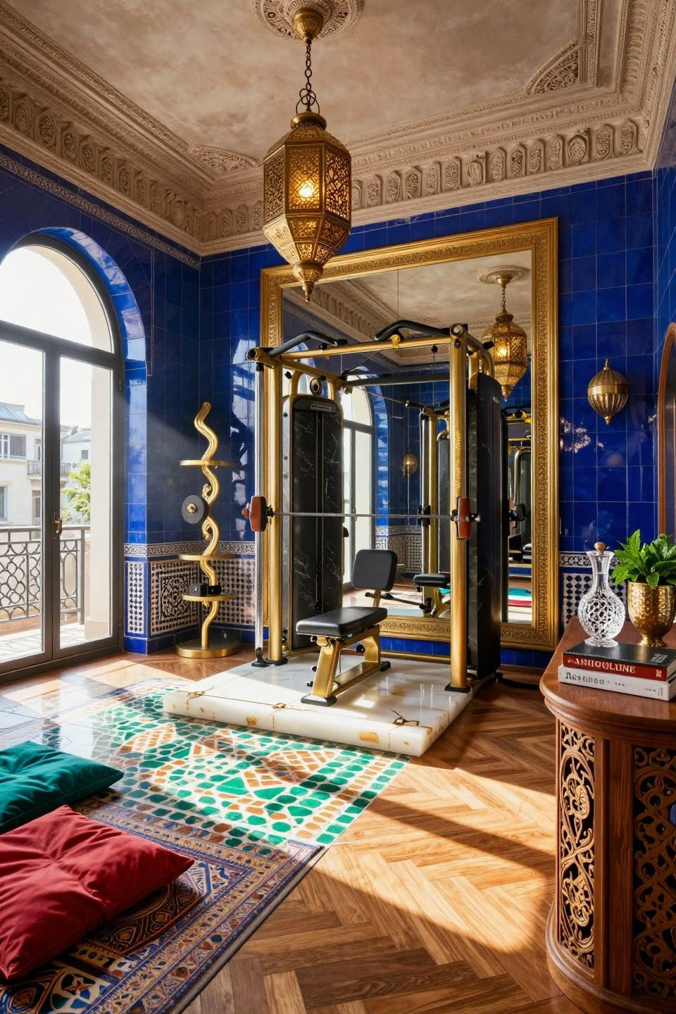 Home office workout room combo featuring custom cobalt zellige tiles and brass detailing