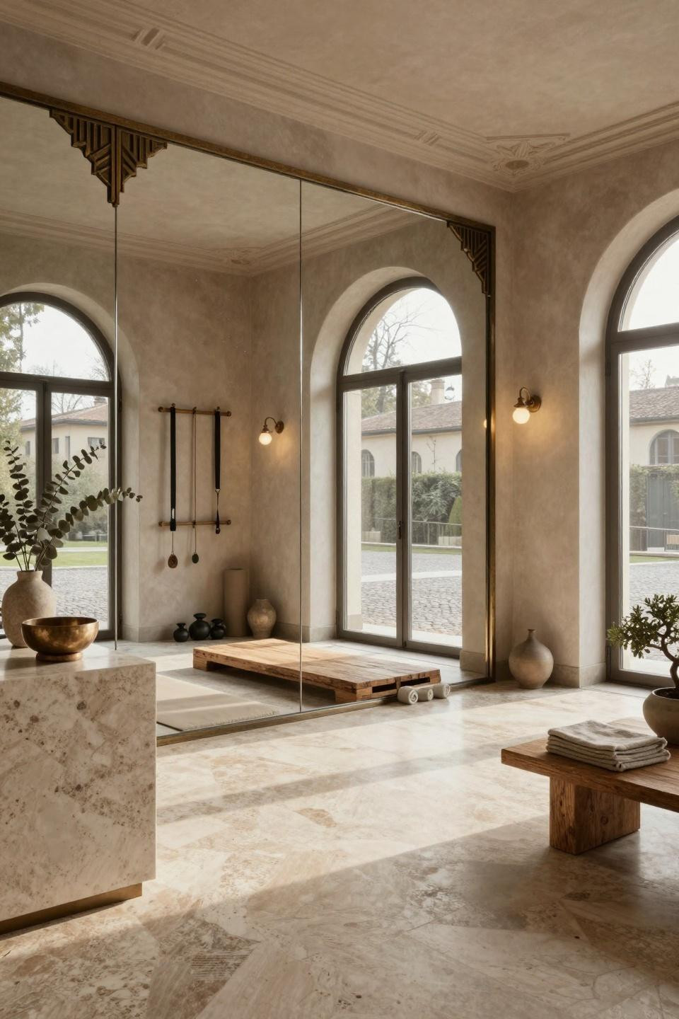 Small workout space at home featuring Art Deco Revival with wabi-sabi influences