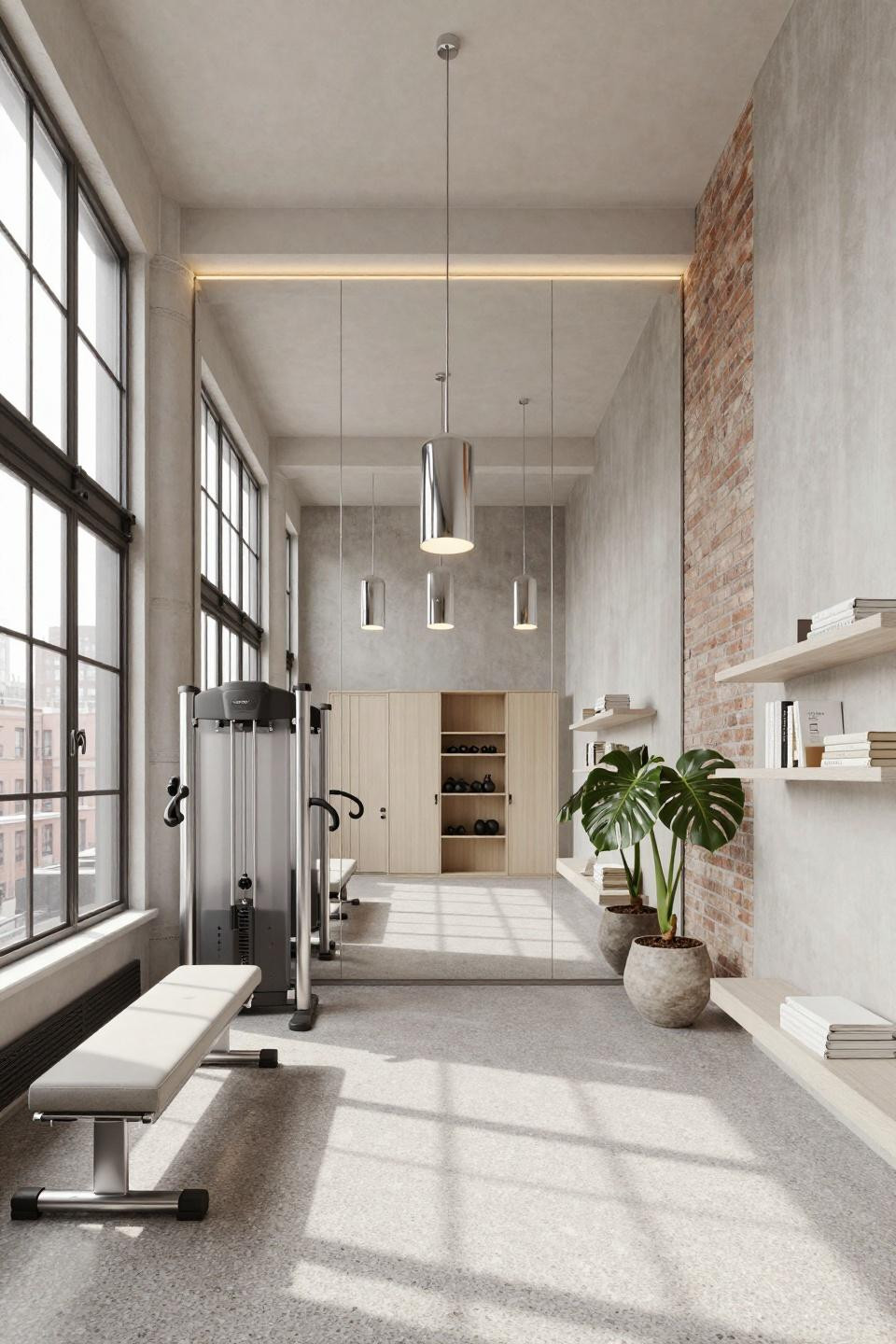 Home gym inspiration featuring NYC loft with exposed brick and chrome Technogym equipment