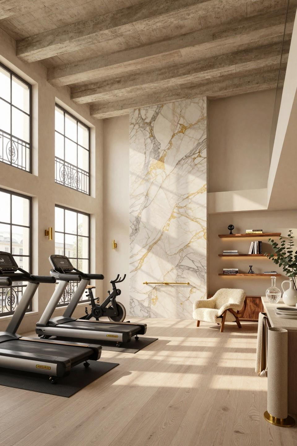 Tiny home gym in converted Paris loft with Calacatta Gold marble accent wall