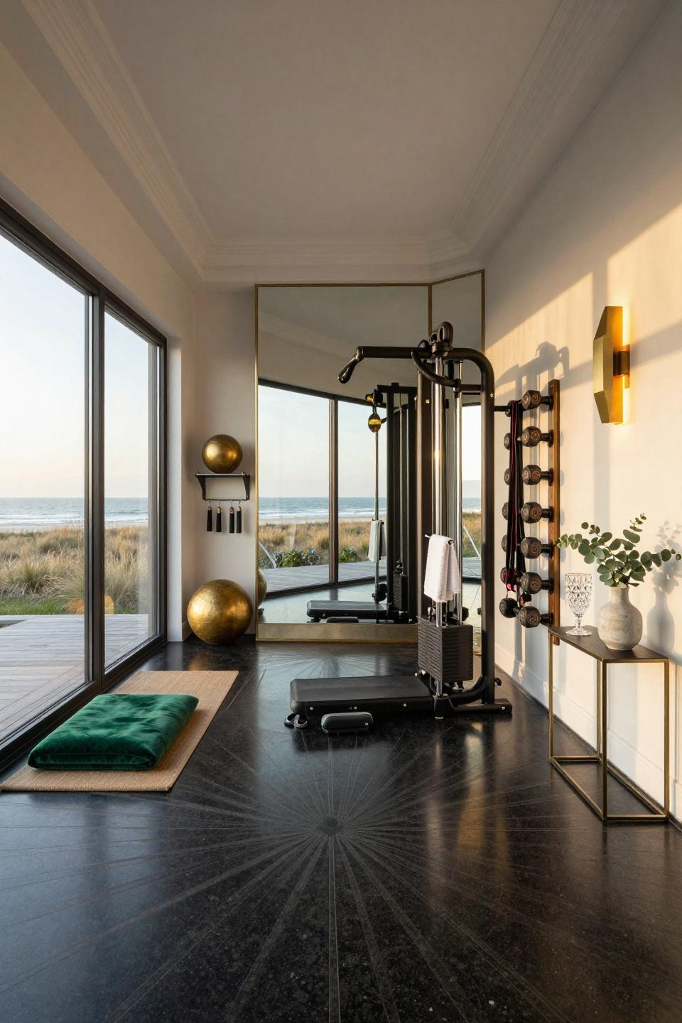 Simple home gym featuring honed granite with Art Deco iron inlays and ocean panorama