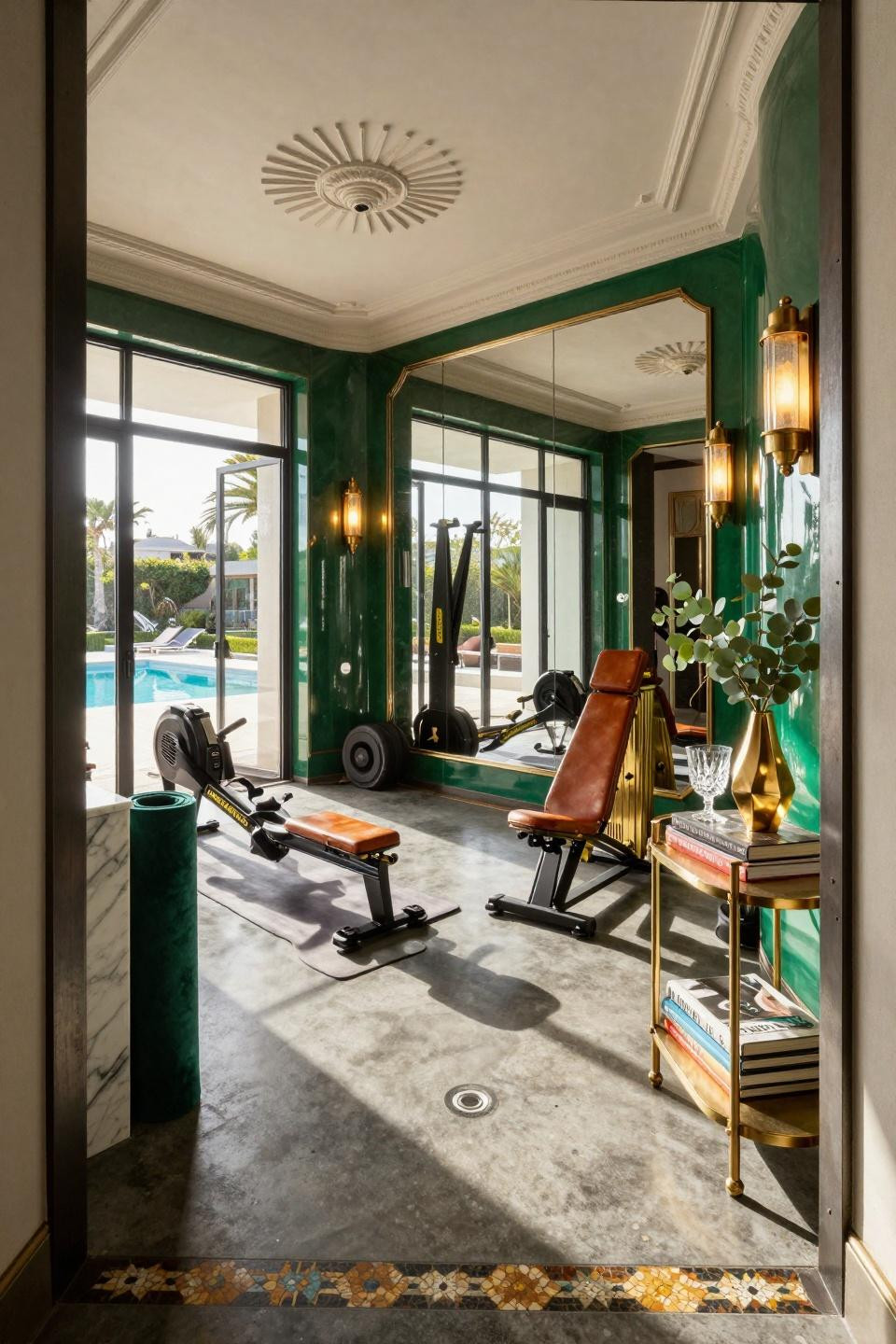 Home gym ideas small garage showcasing Hollywood Regency aesthetic with emerald lacquer walls
