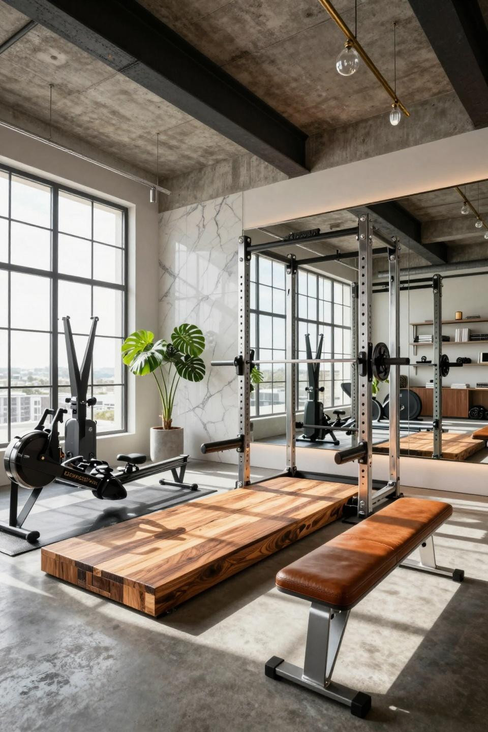 House gym ideas small spaces in Art Deco loft with reclaimed Douglas fir platform