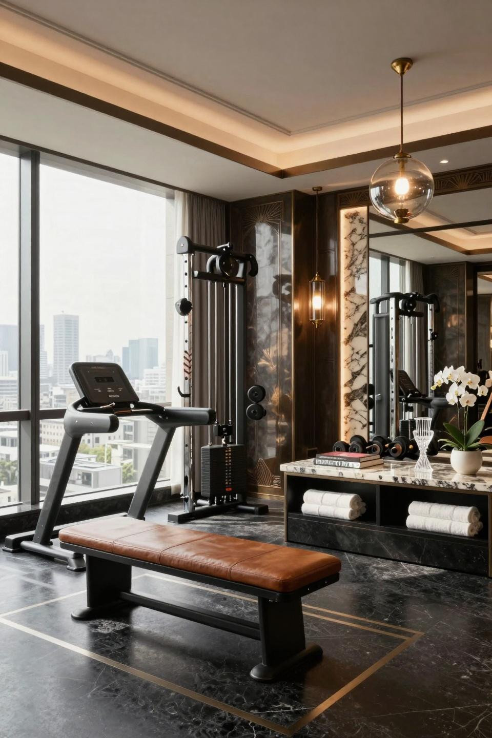Home gym inspo featuring custom Technogym Kinesis with polished chrome and blackened iron