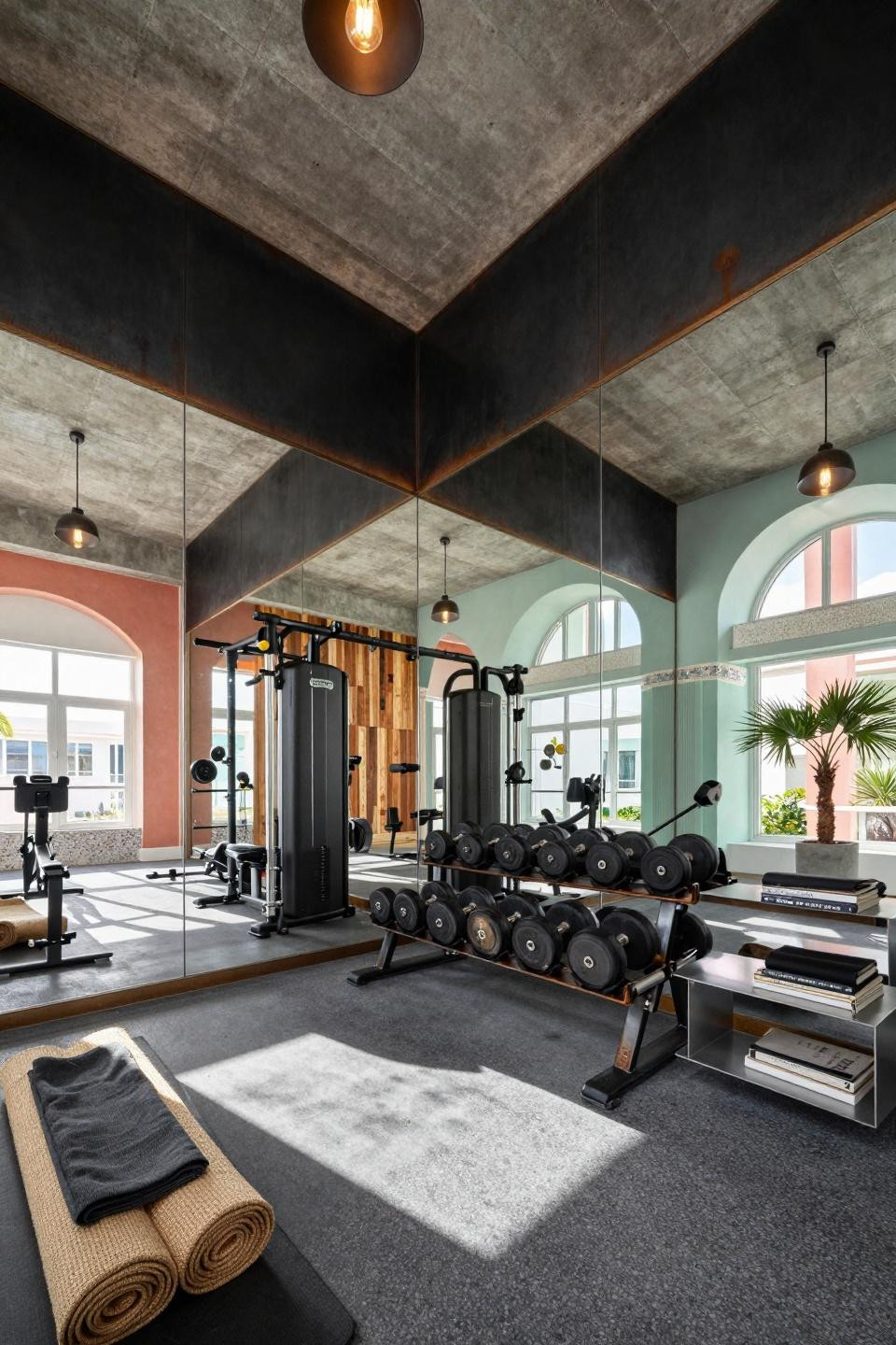 Home gym inspo with floor-to-ceiling mirrors and Art Deco terrazzo accents