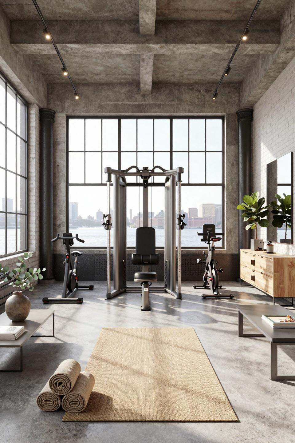 Home gym inspo in Tribeca with exposed concrete and Hudson River views