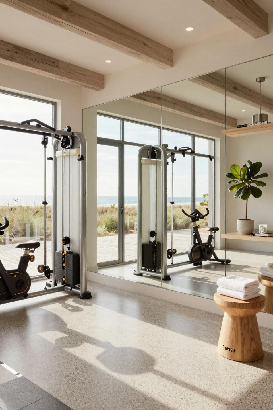 Gym room design with terrazzo Veneziano floors and floor-to-ceiling mirrors
