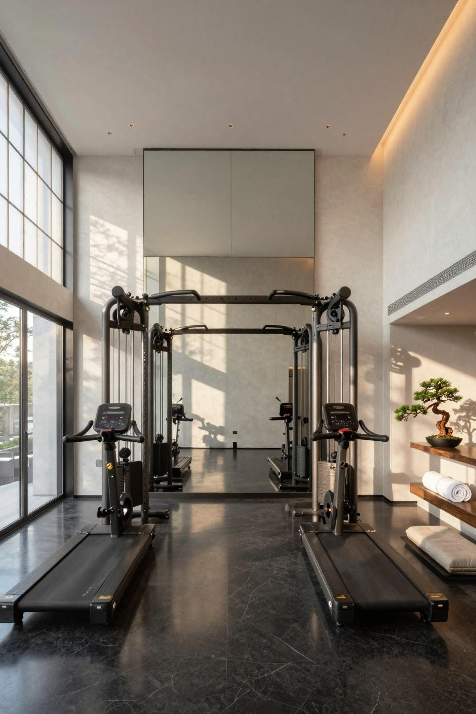 Gym in house featuring symmetrical Technogym stations with brushed gunmetal finish