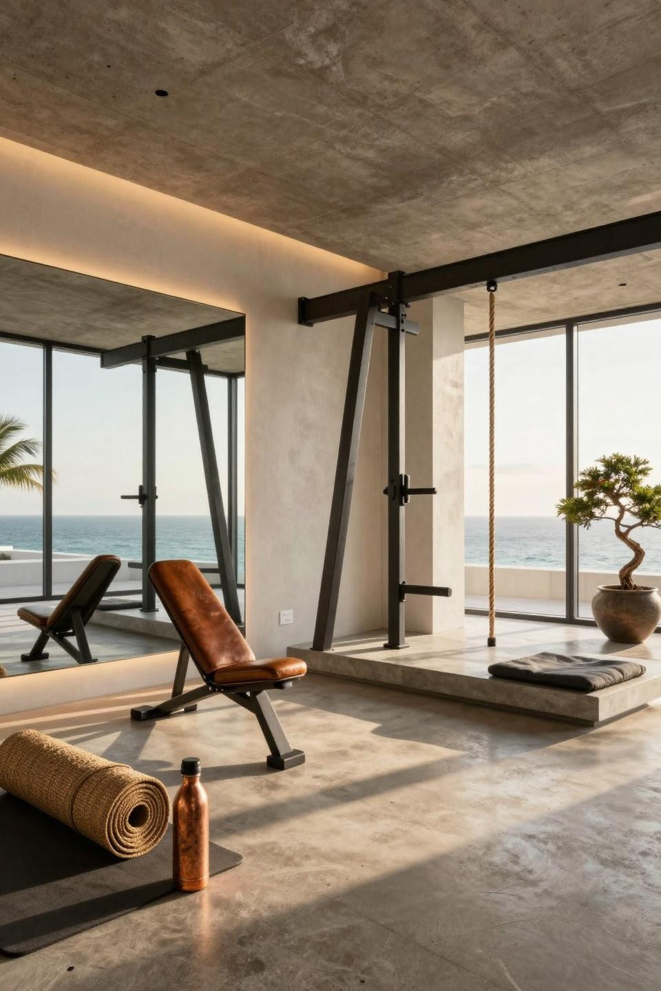 Fitness room with Japanese minimalist zen aesthetic and blackened steel weight rack