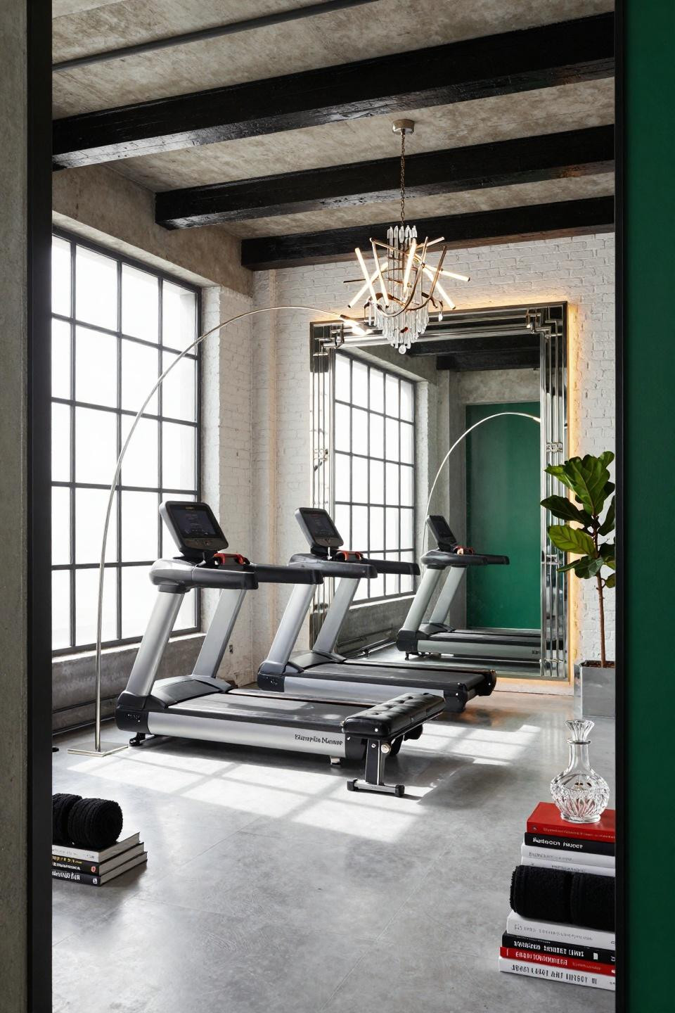 Home gym ideas featuring Technogym Kinesis station with platinum fixtures and mirror walls