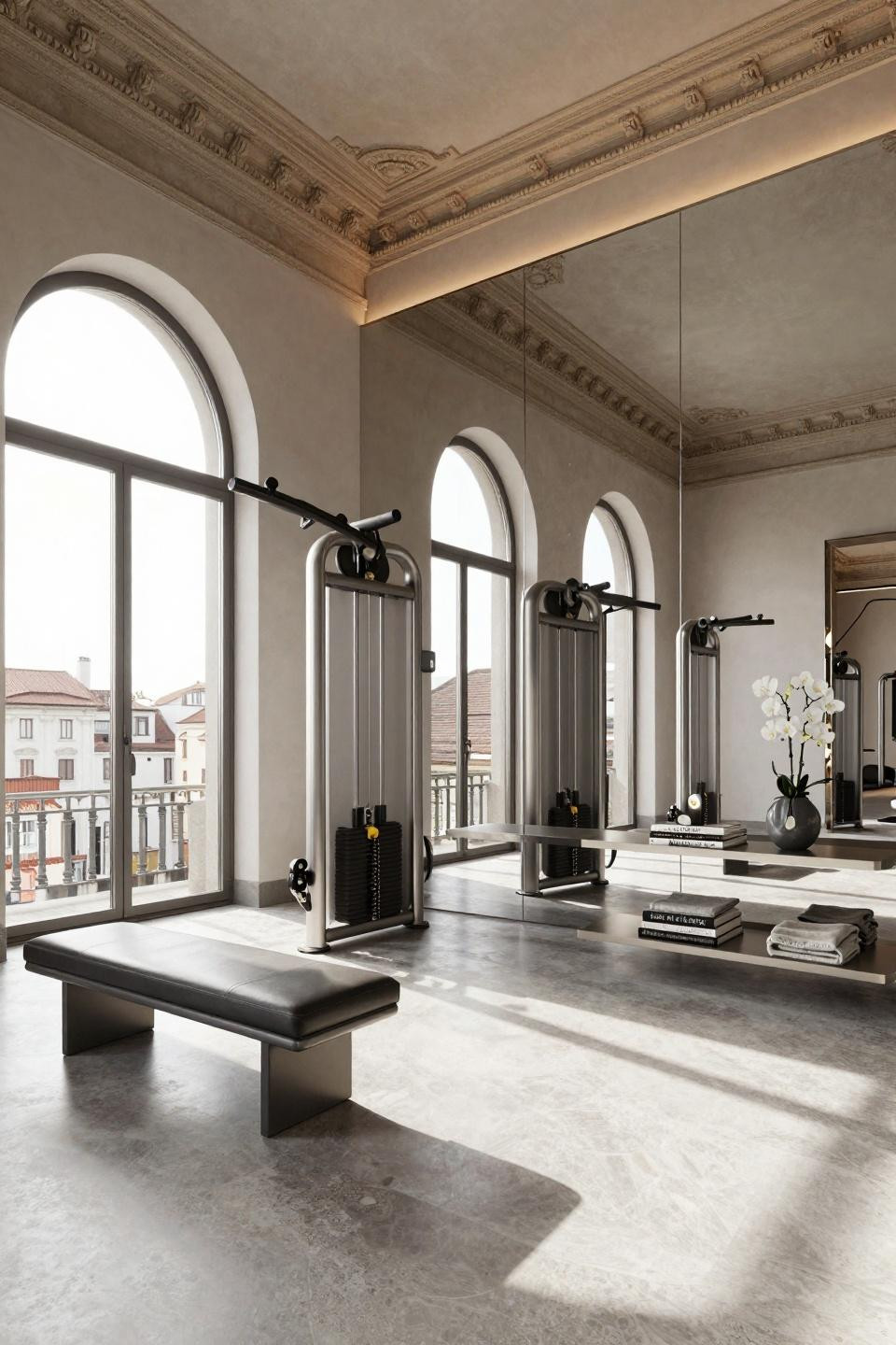 Home gym inspo with polished platinum Technogym equipment and kaleidoscopic mirror reflections