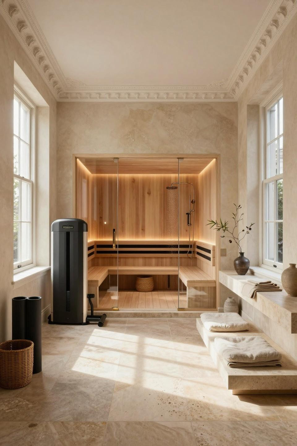 Home gym with sauna featuring Georgian sash windows and honed French limestone