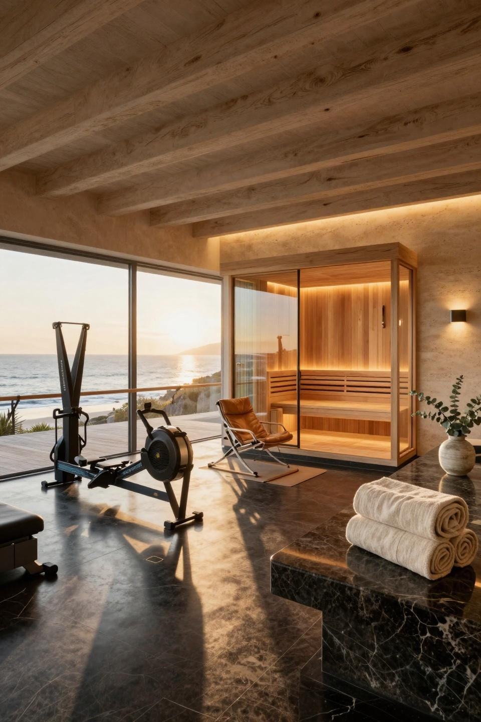 Sauna house interior with NanaWall sliding glass doors opening to Pacific Ocean