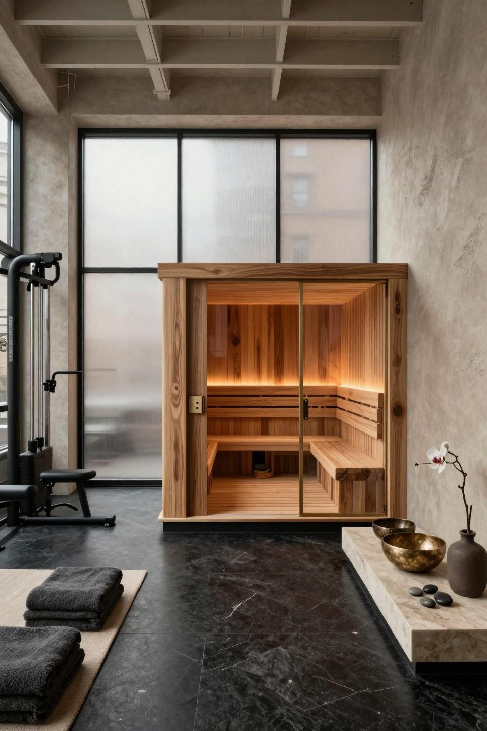 Basement sauna with teak slat detailing and brushed bronze hardware in loft space