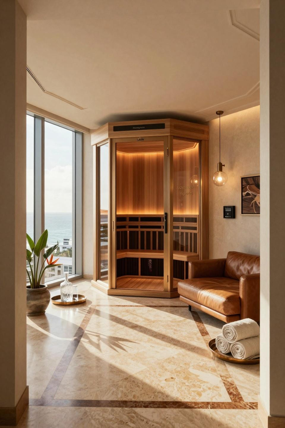 Sauna design interior with Poliform millwork in teak and bronze-framed glass