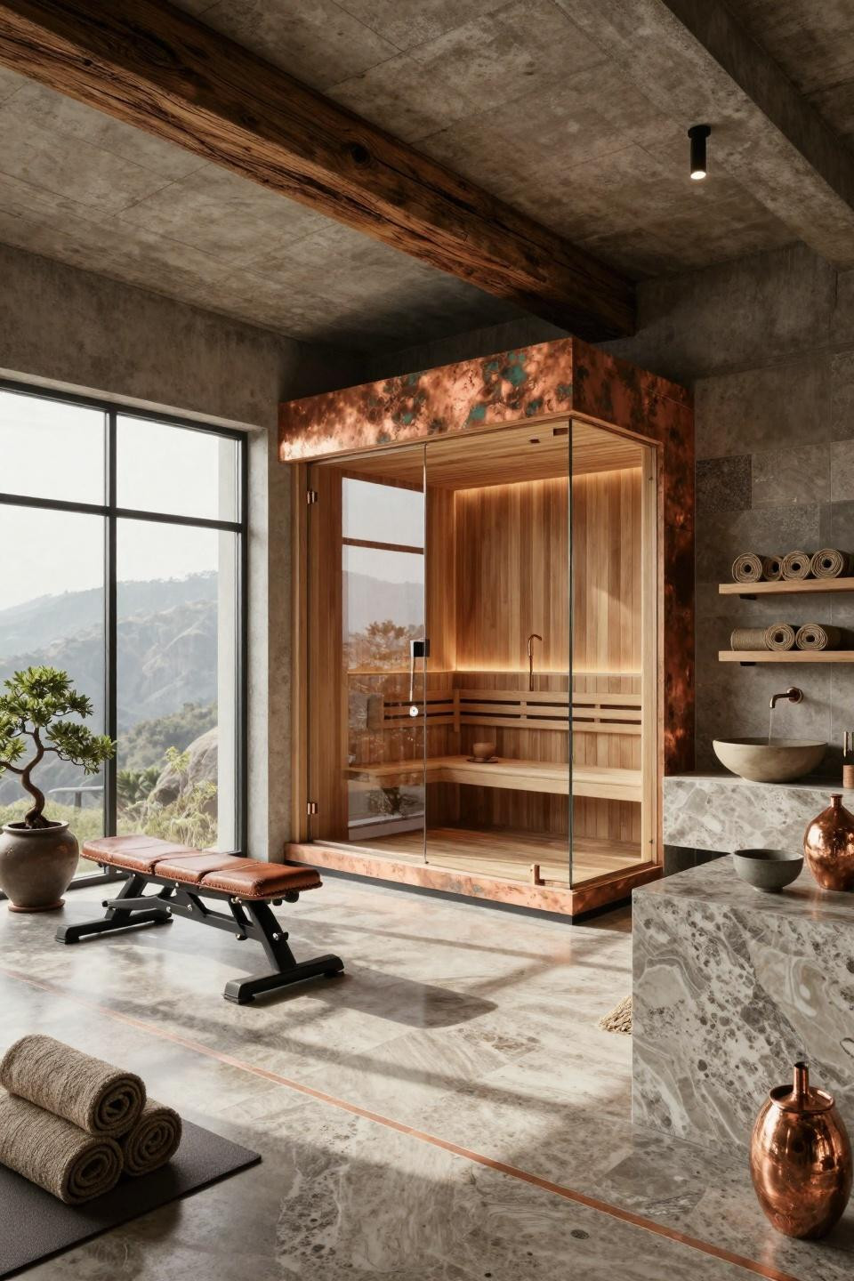 Sauna room design with aged copper panels and reclaimed Douglas fir beams