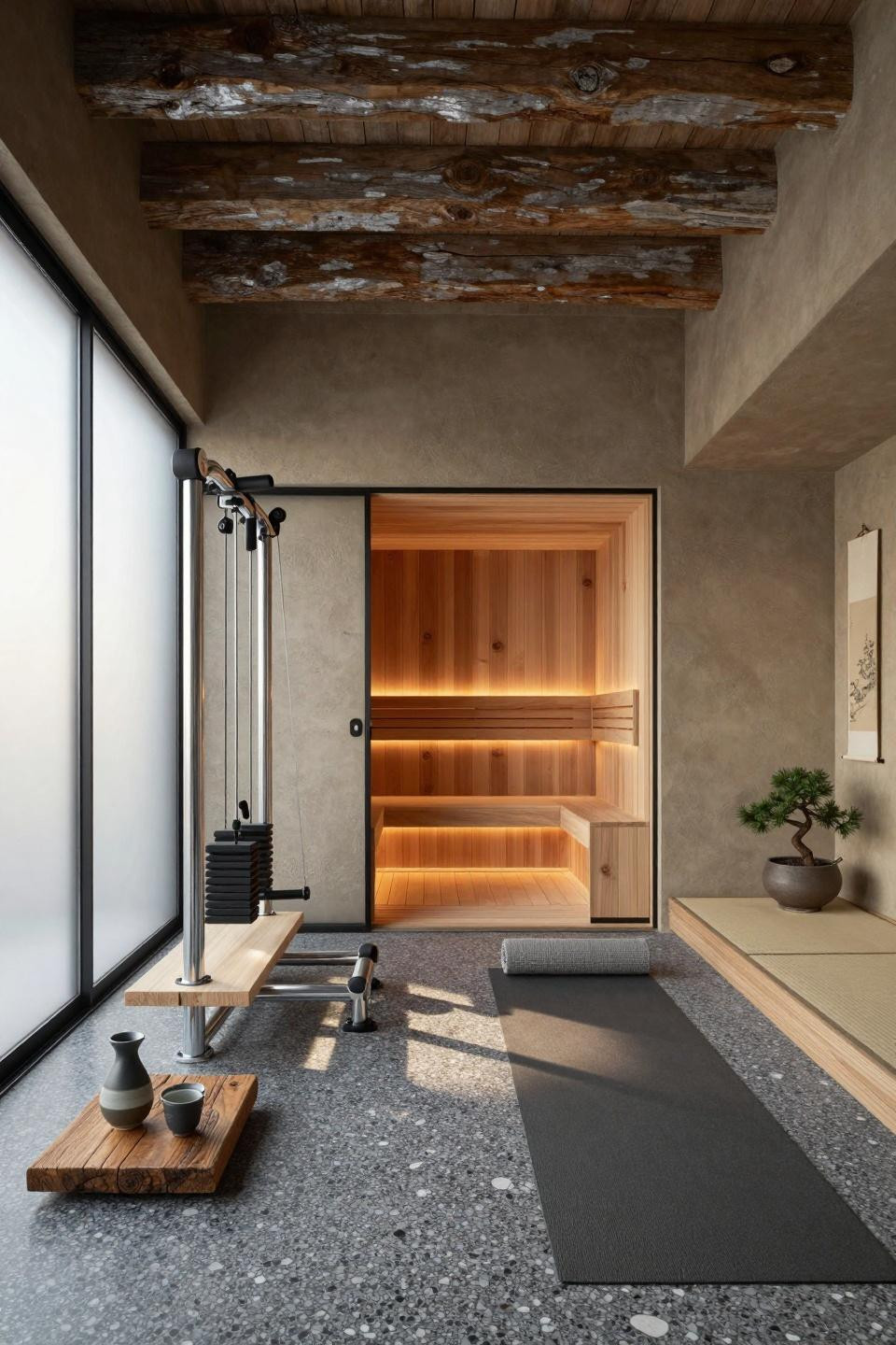 Home gym design luxury featuring Japanese hinoki wood sauna with terrazzo flooring