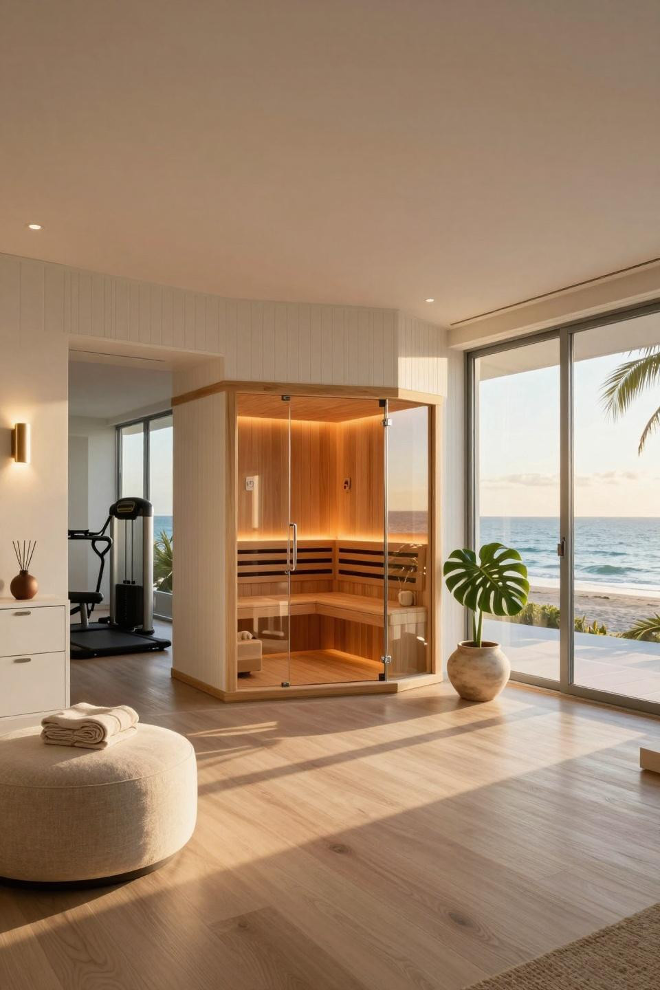 Sauna room in house with floor-to-ceiling glass and Canadian hemlock benching