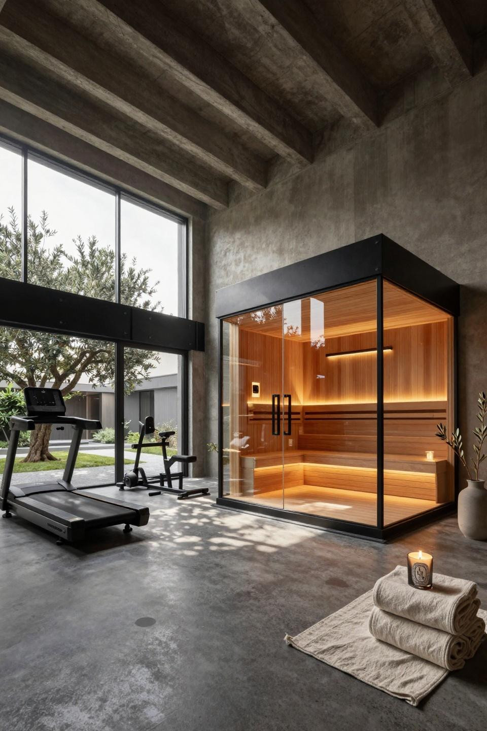 Home gym with sauna featuring glass-walled Finnish sauna in polished concrete space