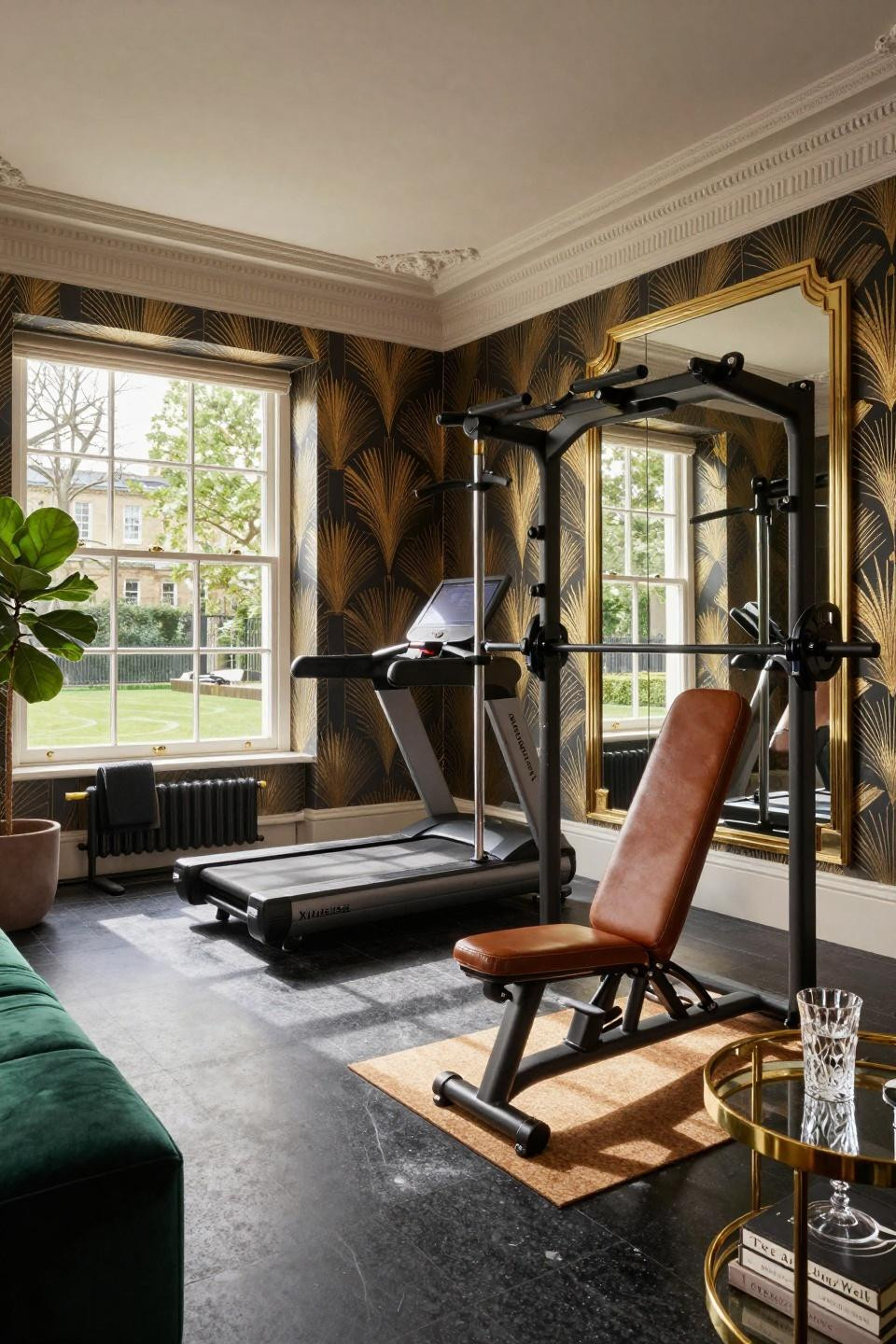 Garage gym ideas small diy featuring London Kensington townhouse with Fromental custom wallpaper