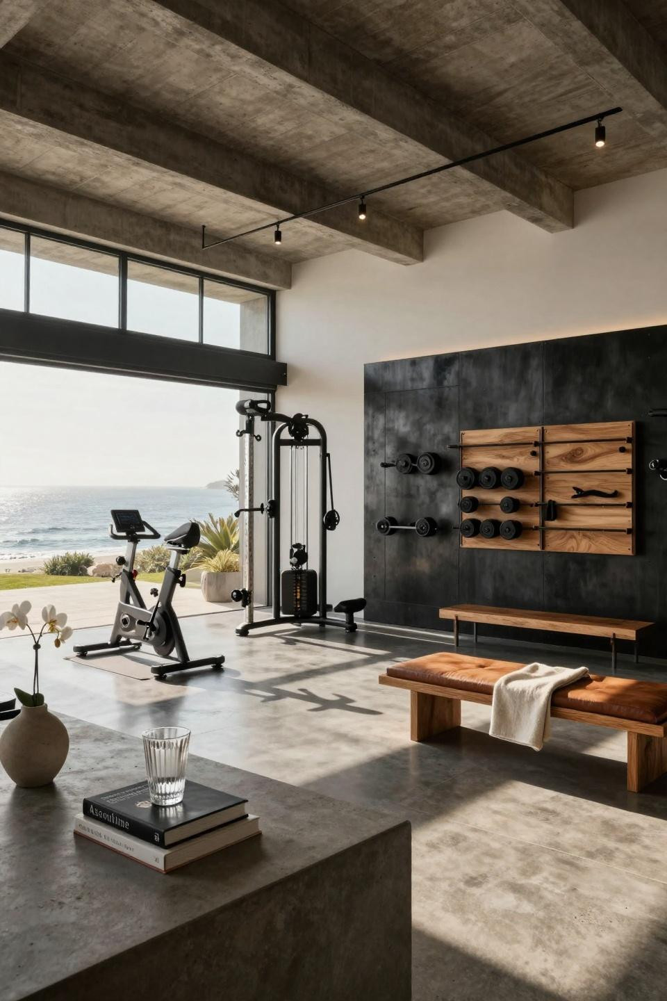 Garage gym ideas small diy showcasing Malibu loft with Fleetwood sliding glass walls