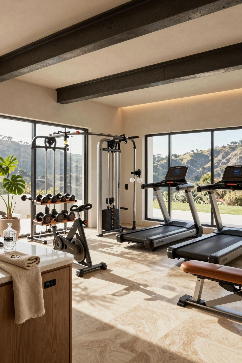 Garage gym ideas small diy featuring Beverly Hills estate with honed French limestone flooring