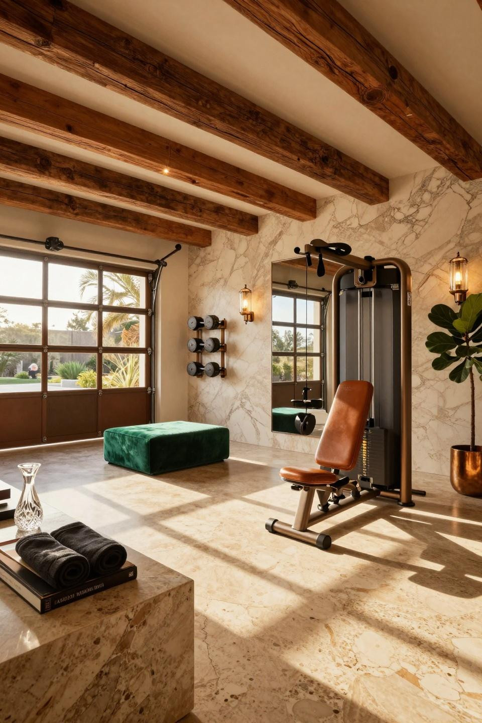 Garage gym ideas small diy showcasing Beverly Hills estate with restored garage door tracks