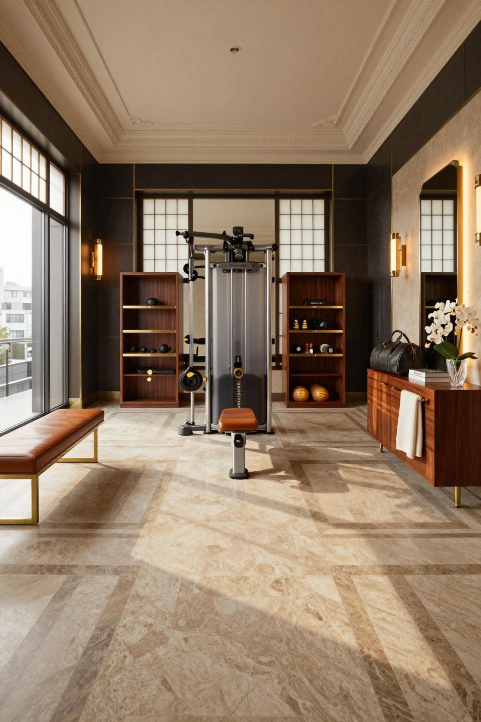 Garage gym ideas small diy featuring Tokyo apartment with hand-carved rosewood and brass details