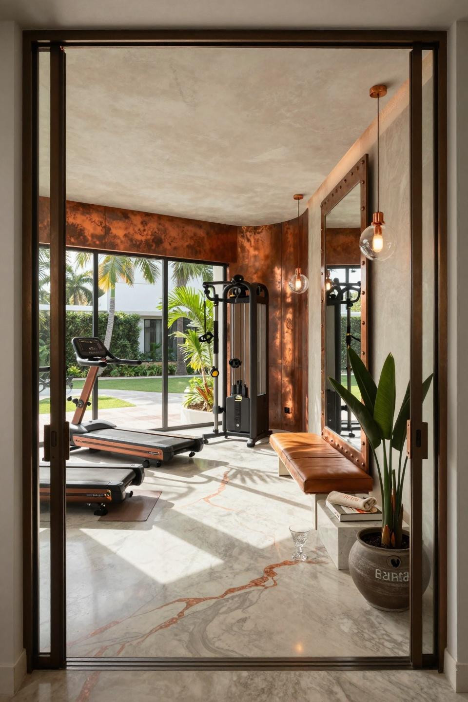 Garage gym ideas small diy showcasing Miami South Beach villa with copper accents throughout