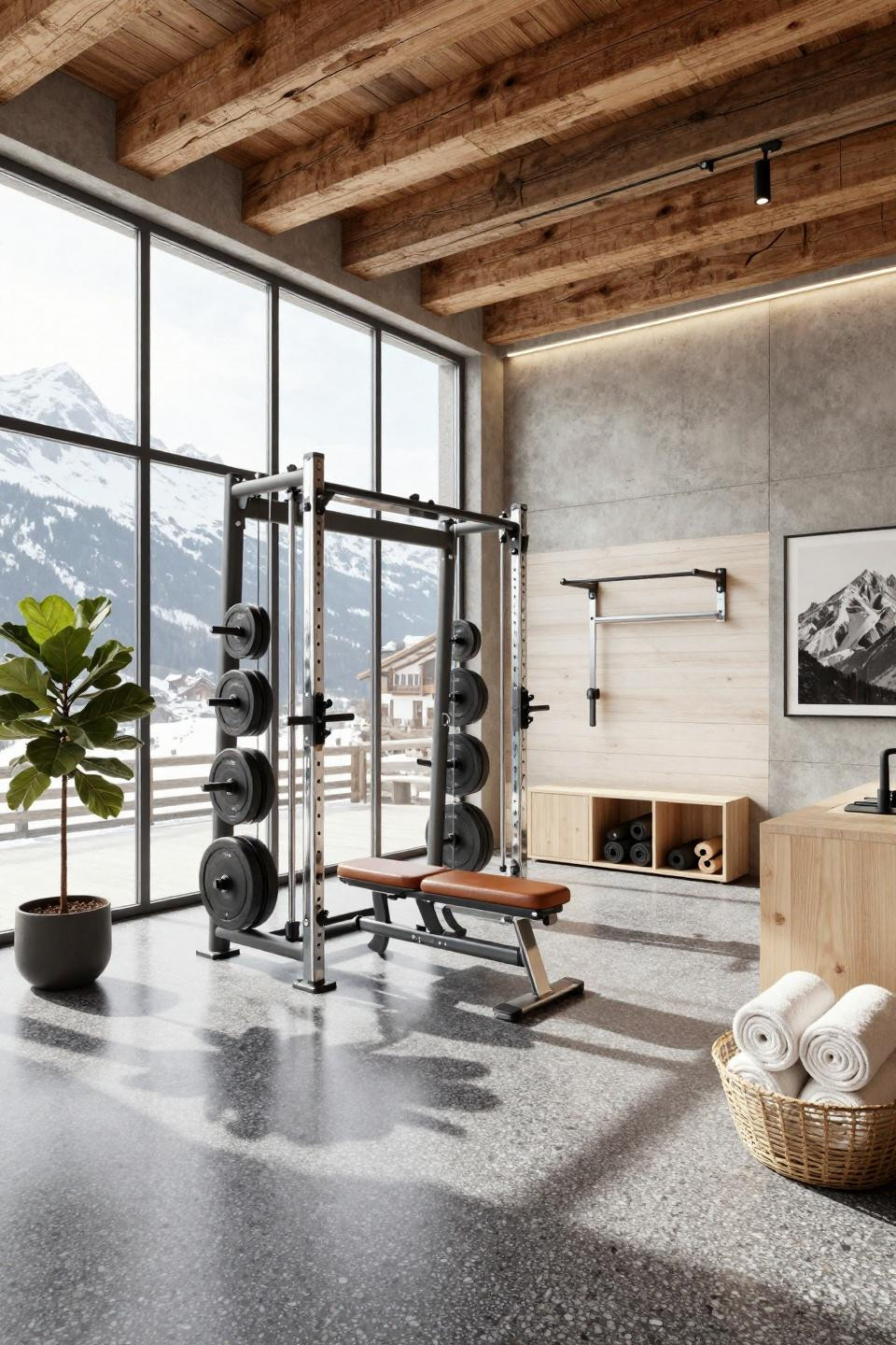 Garage gym ideas small diy featuring Swiss Alpine townhouse with polished terrazzo flooring