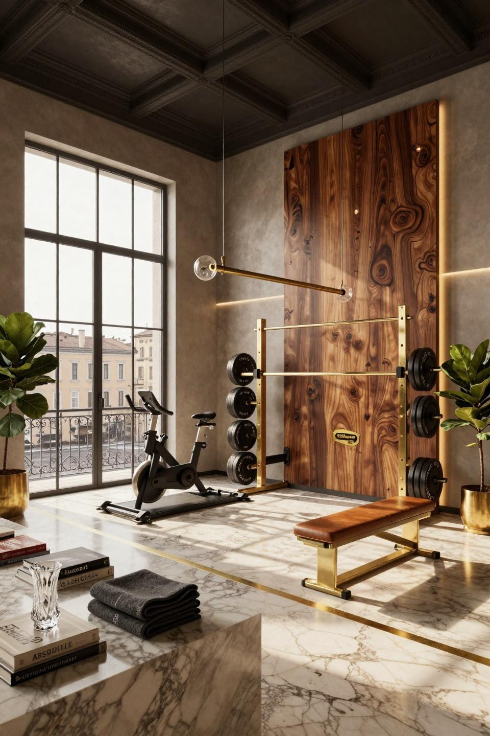 Garage gym ideas small diy showcasing Milan 17th-century palazzo with walnut burl equipment wall