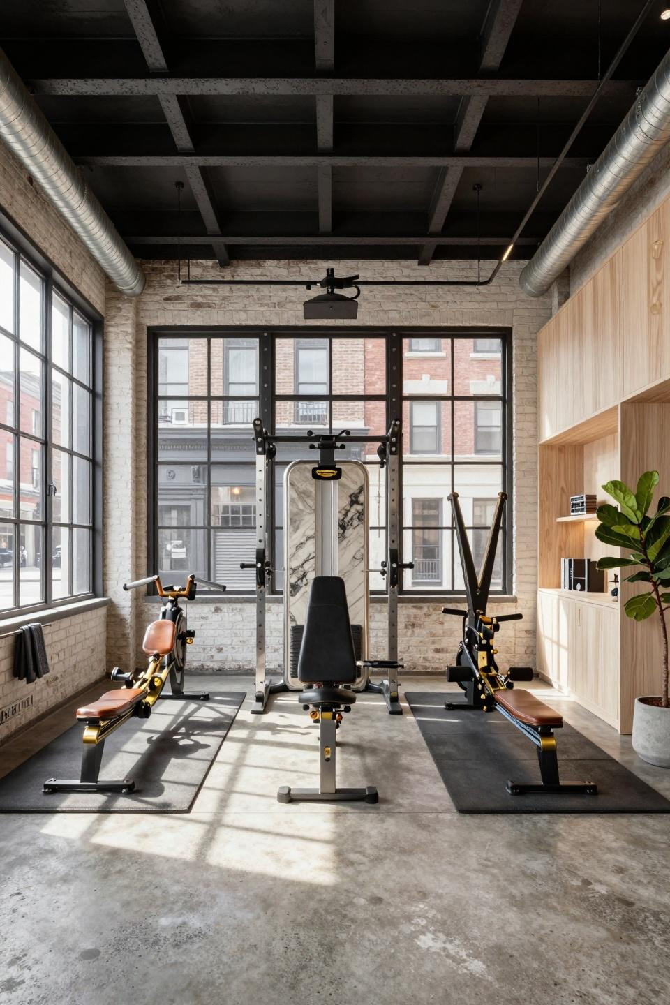 Garage gym ideas small diy featuring NYC Tribeca loft with limestone panels and exposed steel