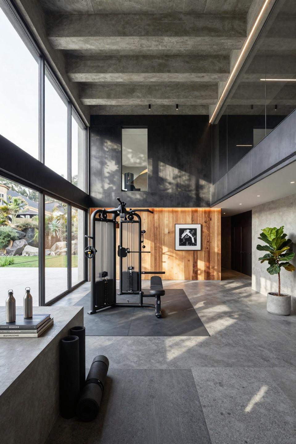 Garage gym ideas small diy showcasing Beverly Hills canyon estate with Technogym equipment