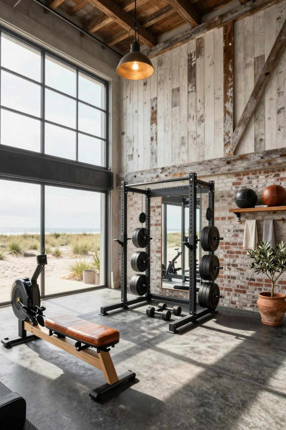 Garage gym ideas small diy featuring Hamptons estate with reclaimed barn wood accent wall