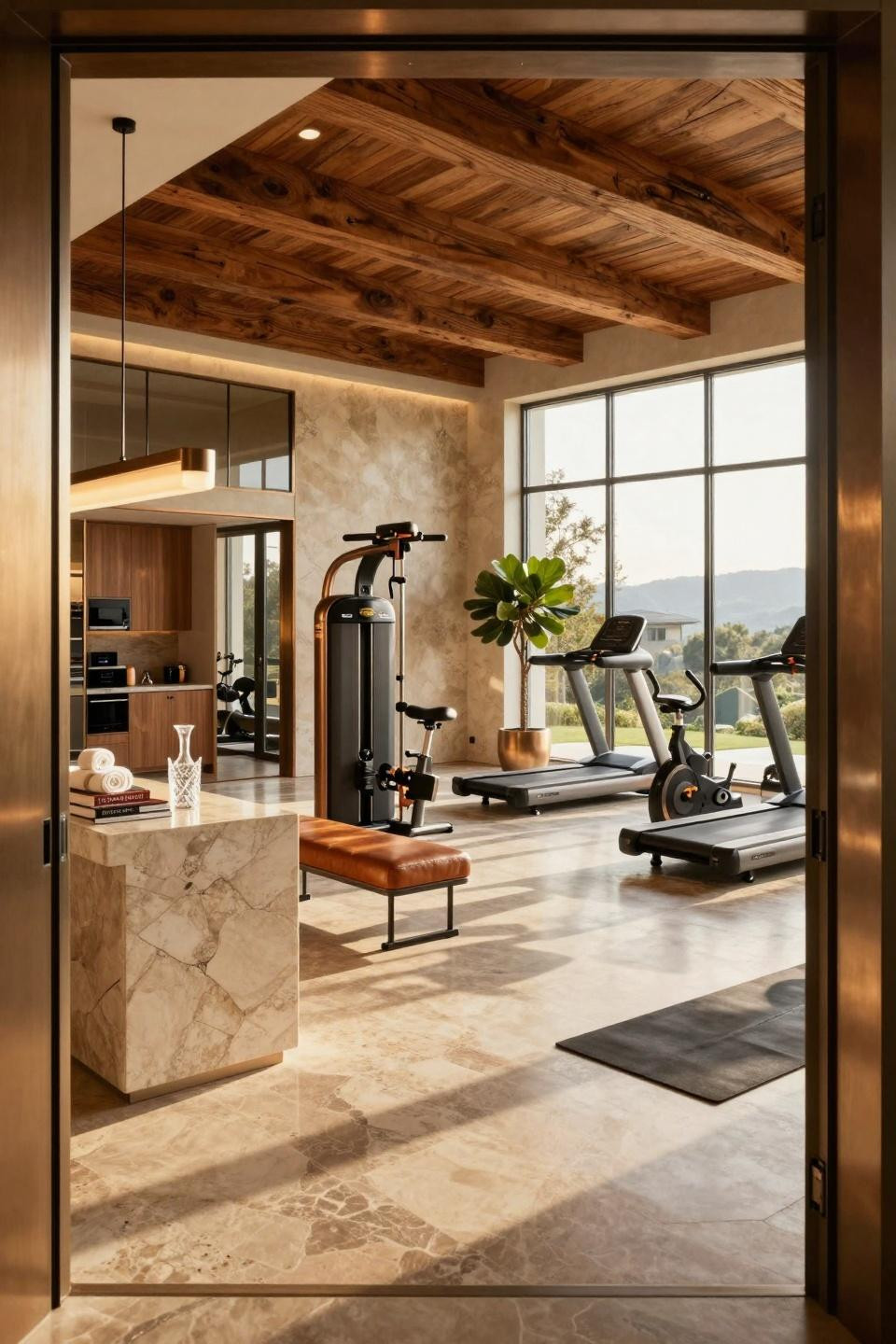 Workout garage ideas showcasing Beverly Hills estate with Venetian plaster and bronze details