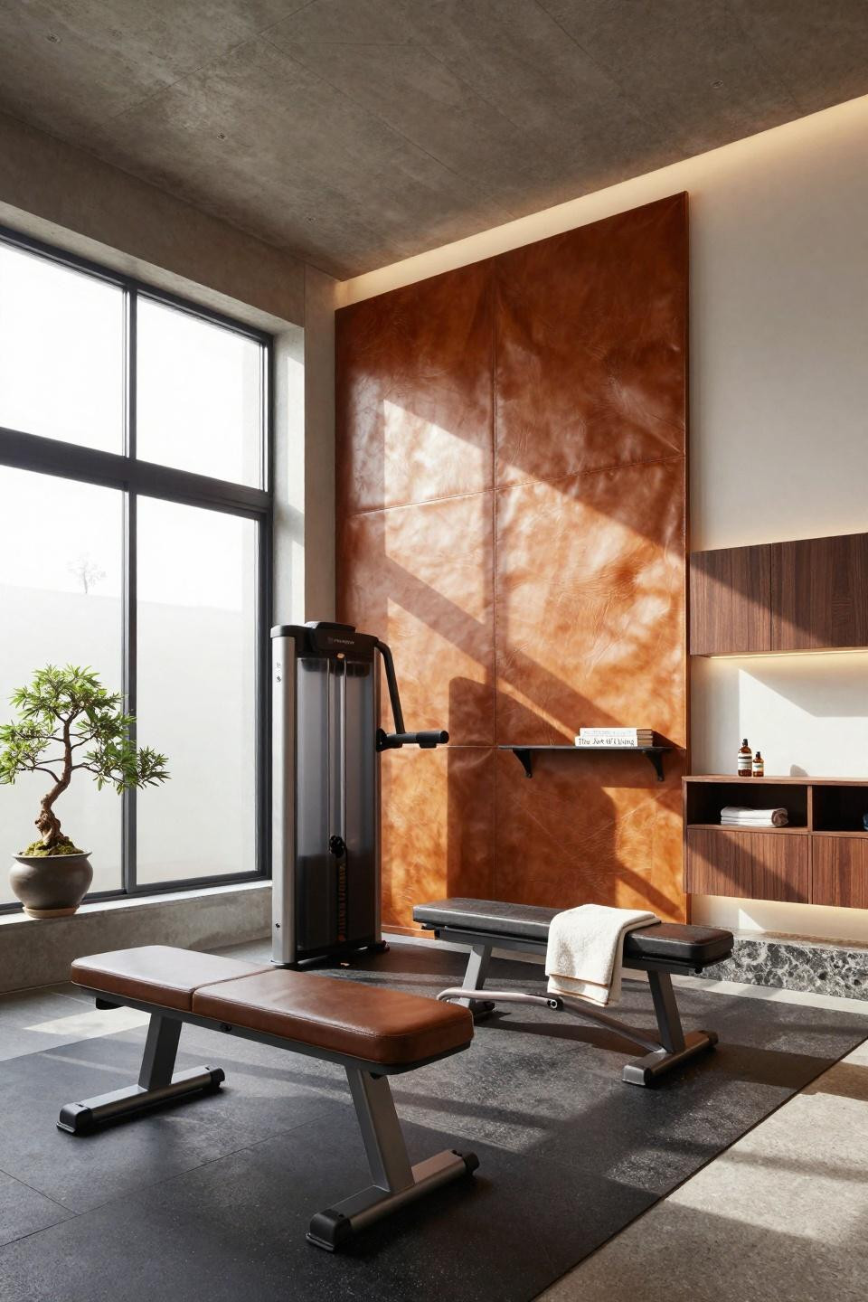 Home gym design garage featuring Tokyo townhouse conversion with hand-stitched leather panels