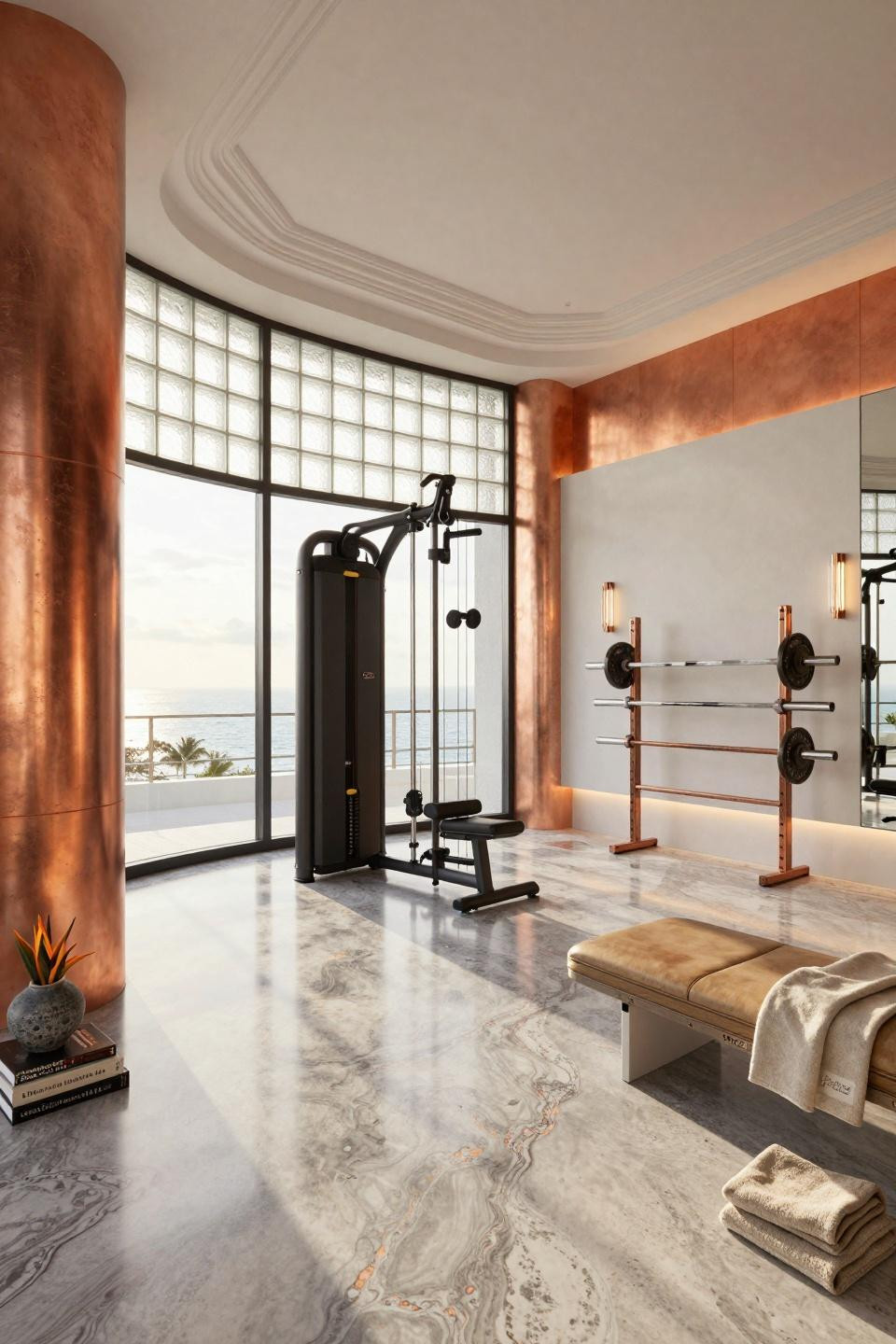 Home gym ideas small basements featuring Miami Art Deco penthouse with copper accents
