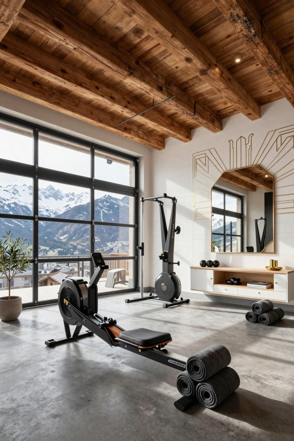 Small garage gym ideas layout showcasing Verbier Alpine chalet with geometric brass inlays