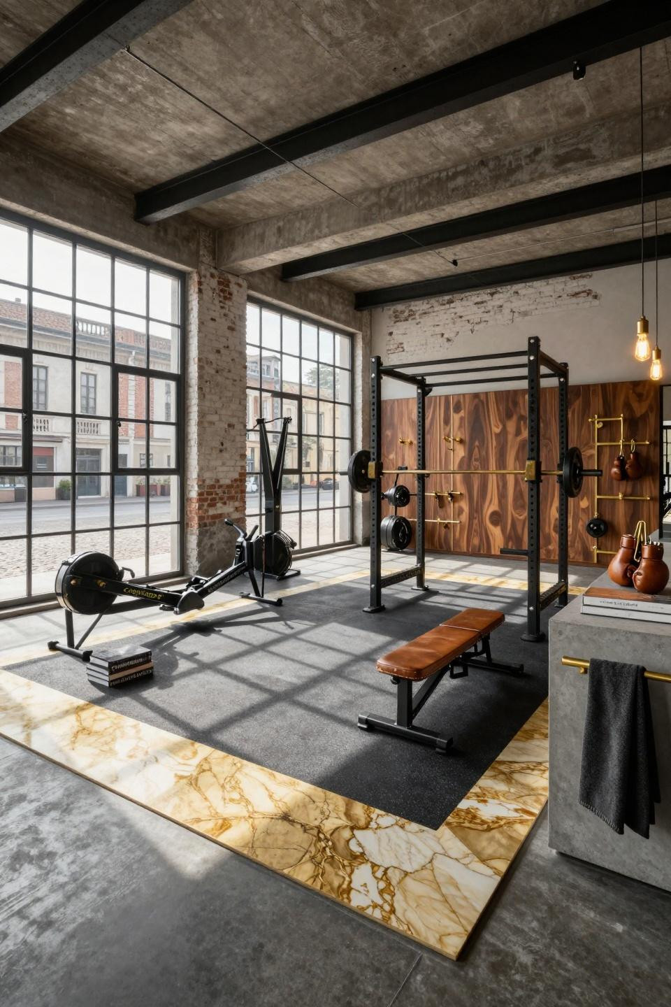 Garage gym makeover in Milan industrial loft featuring Calacatta Gold marble accent strip