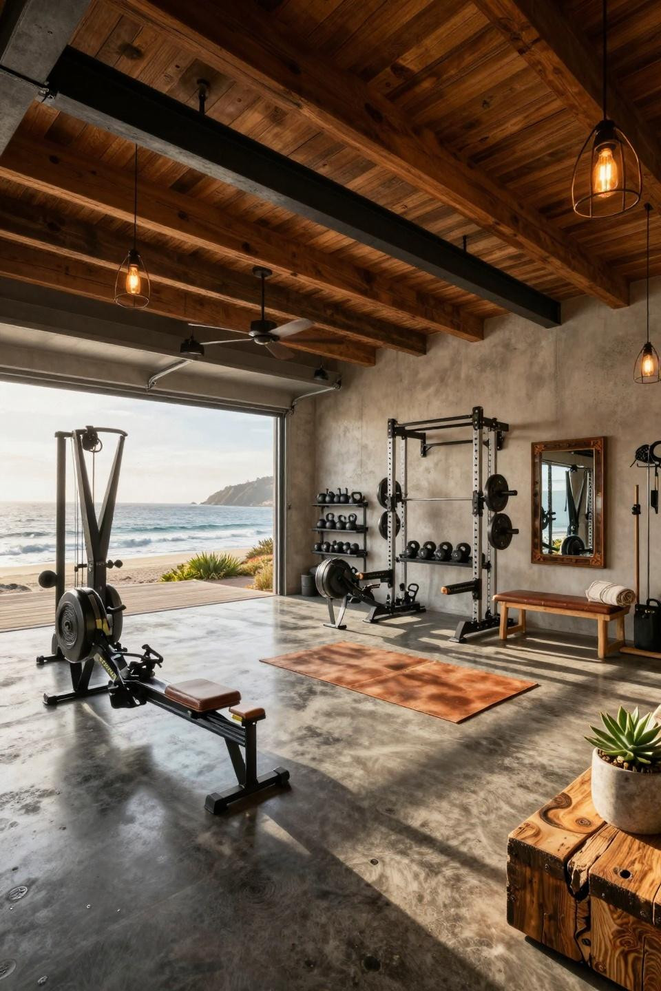 Diy home gym garage featuring Malibu beach house conversion with ocean panorama views