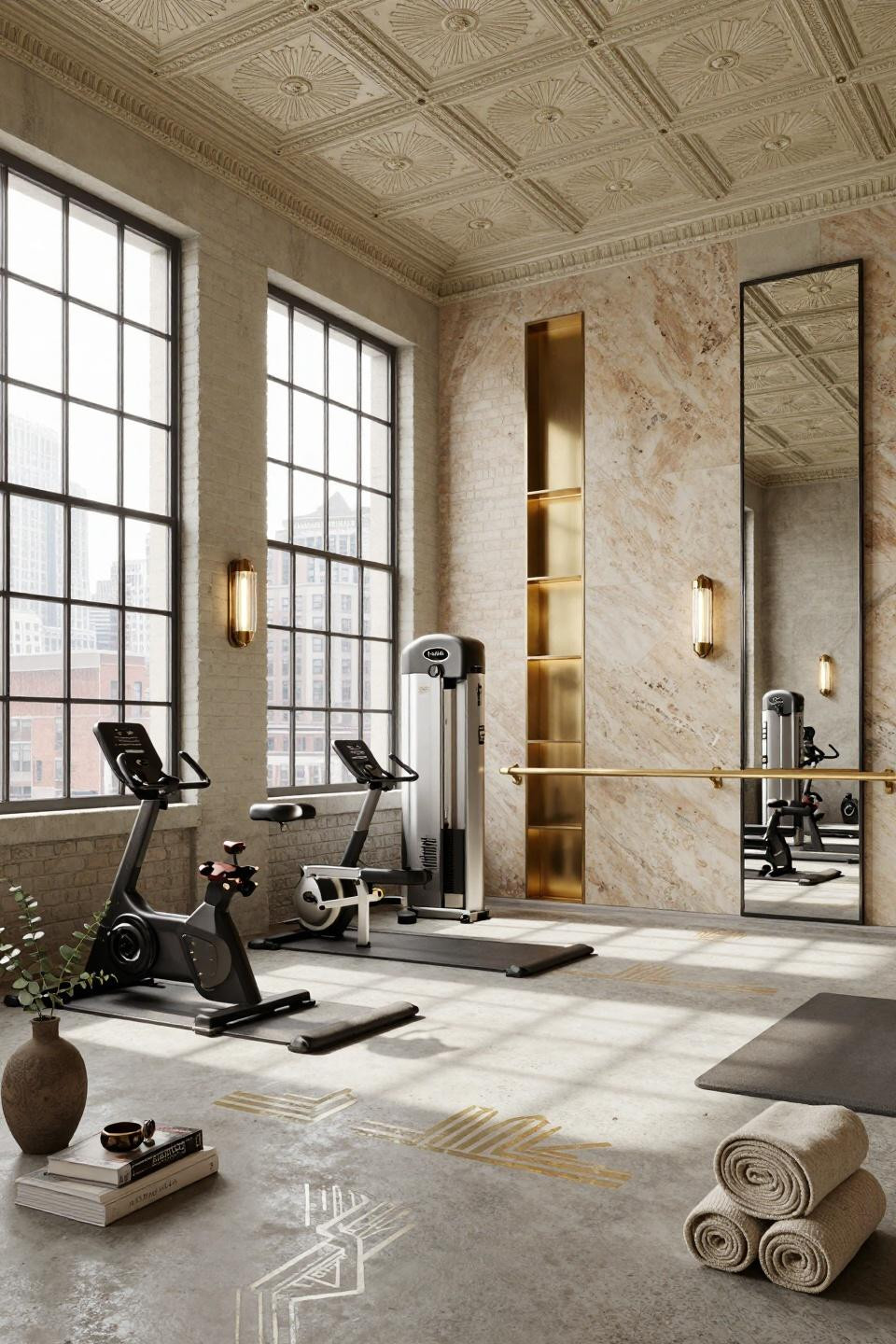 Garage workout space in historic Tribeca cast iron building featuring Art Deco brass patterns
