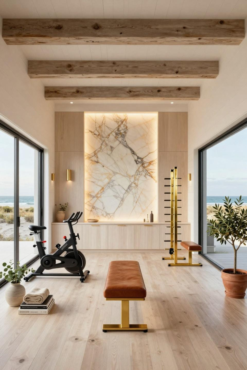 Garage gym ideas small diy featuring Hamptons beach house with NanaWall retractable glass doors