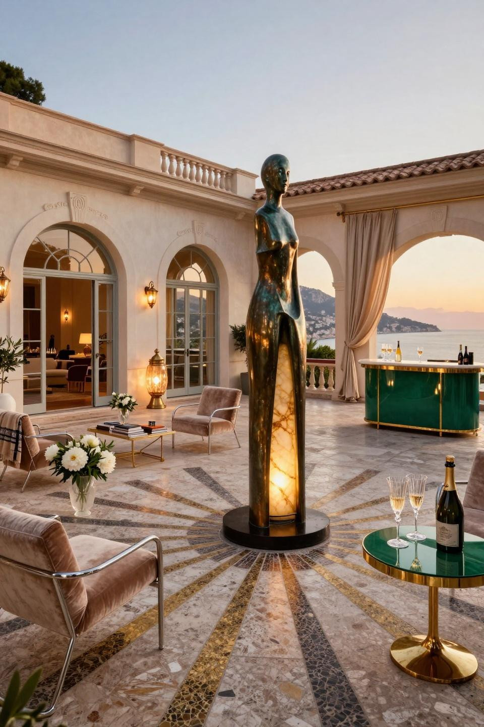 Garden party ideas with twelve-foot bronze and onyx monolith installation
