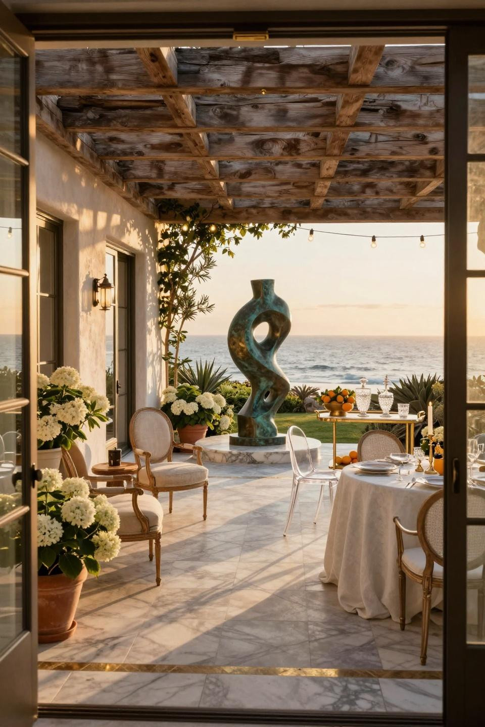 Garden party ideas featuring Calacatta Gold marble with contemporary bronze sculpture
